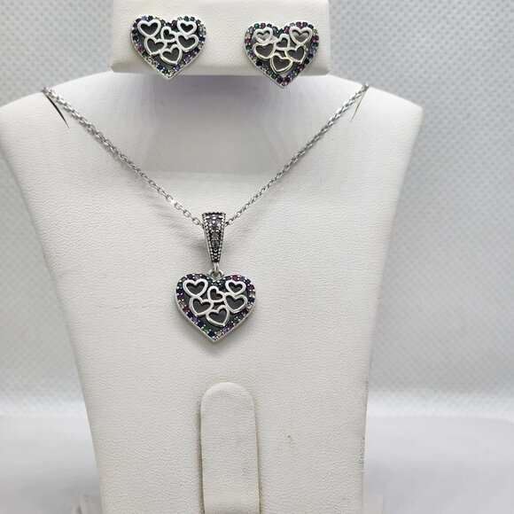 Brand New Sterling Silver 925 Heart Multi Hearts 2pc Set - Picture 1 of 6